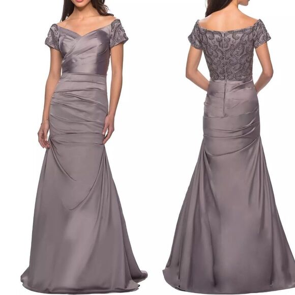 La Femme 25996 Pleated‎ Satin Evening Gown Silver Size 8 NWT $498 - Picture 1 of 6